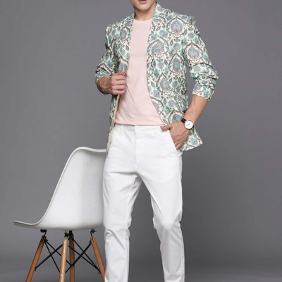 "Men Cream Coloured & Green Printed Blazer "