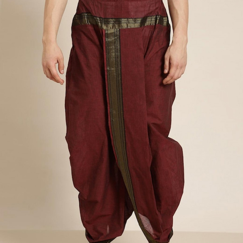 Men Burgundy Solid Cotton Dhoti Pants