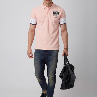 Men Pink Polo Collar Slim Fit T-shirt