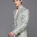 "Men Cream Coloured & Green Printed Blazer "