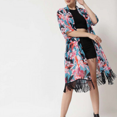 Women Pink & Blue Printed Longline Shrug