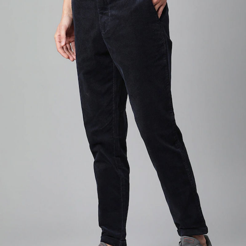 Men Navy Blue Mid Rise Corduroy Trousers