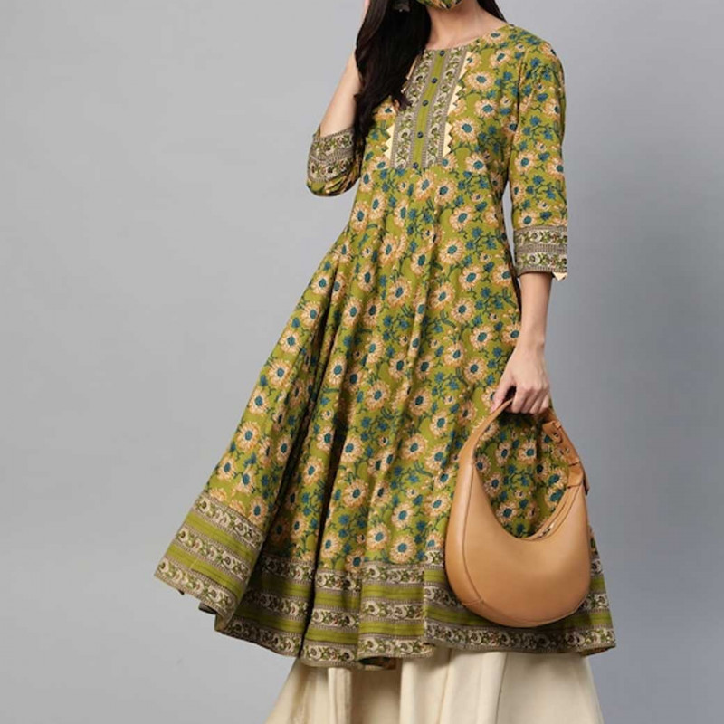 Women Green Teal Blue Floral Printed Anarkali Kurta